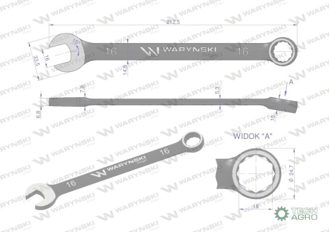 Klucz płasko-oczkowy 16 mm. CrV standard ASME B107-2010 Waryński