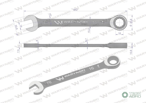 Klucz płasko-oczkowy 16 mm z grzechotką72 zęby standard ASME B107-2010 Waryński