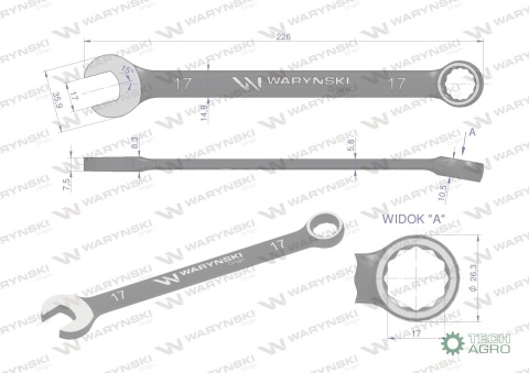 Klucz płasko-oczkowy 17 mm. CrV standard ASME B107-2010 Waryński