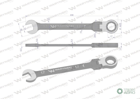 Klucz płasko-oczkowy 17 mm z grzechotką72 zęby i przegubem Waryński
