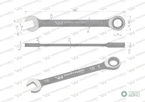 Klucz płasko-oczkowy 18 mm z grzechotką72 zęby standard ASME B107-2010 Waryński