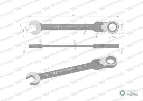 Klucz płasko-oczkowy 19 mm z grzechotką72 zęby i przegubem Waryński