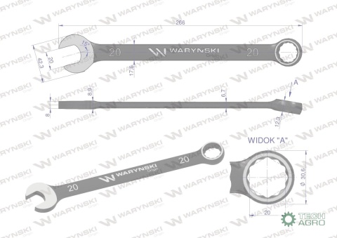Klucz płasko-oczkowy 20 mm CrV standardASME B107-2010 Waryński