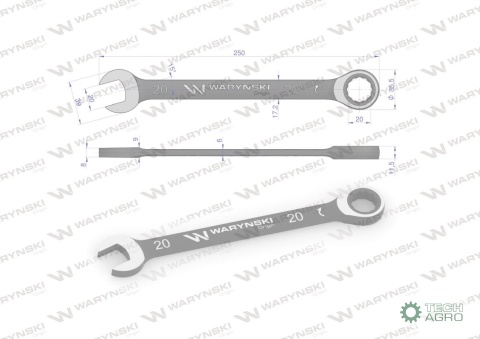Klucz płasko-oczkowy 20 mm z grzechotką72 zęby standard ASME B107-2010 Waryński