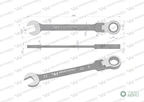 Klucz płasko-oczkowy 22 mm z grzechotką72 zęby i przegubem Waryński