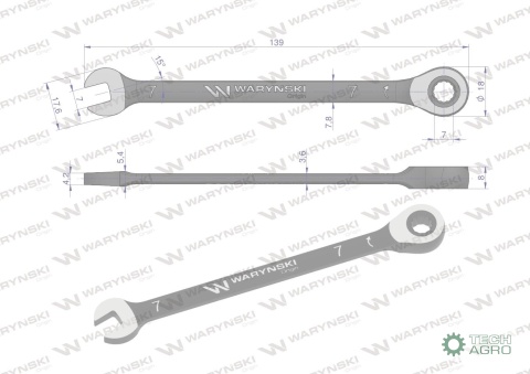 Klucz płasko-oczkowy 7 mm z grzechotką 72 zęby standard ASME B107-2010 Waryński