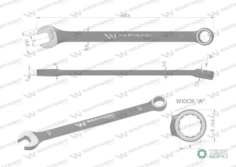 Klucz płasko-oczkowy 9 mm. CrV standardASME B107-2010 Waryński