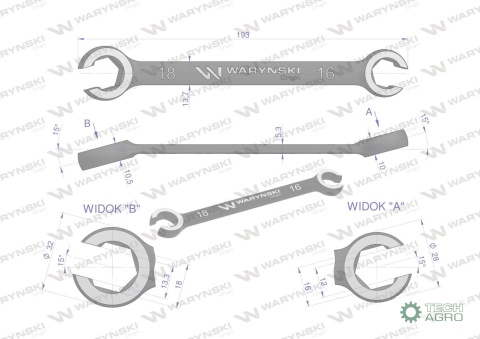 Klucz płasko oczkowy otwarty 16 x 18 Waryński