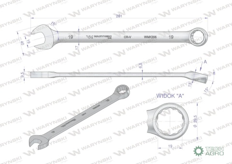 Klucz płaskooczkowy extra długi 19mm dł281mm standard ASME B107.9M Waryński