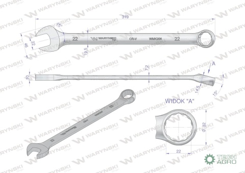 Klucz płaskooczkowy extra długi 22mm dł319mm standard ASME B107.9M Waryński