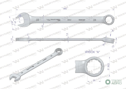 Klucz płaskooczkowy extra długi 24mm dł339mm standard ASME B107.9M Waryński