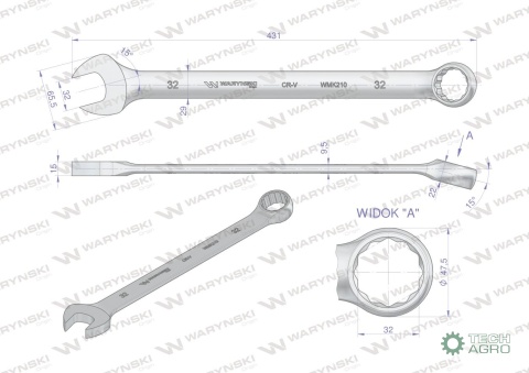 Klucz płaskooczkowy extra długi 32mm dł431mm standard ASME B107.9M Waryński