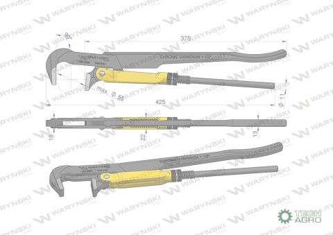 Szczypce nastawne szwedzkie do rur szczęki typ 90° o rozstawie max 55mm 1.5" długość 425mm Waryński