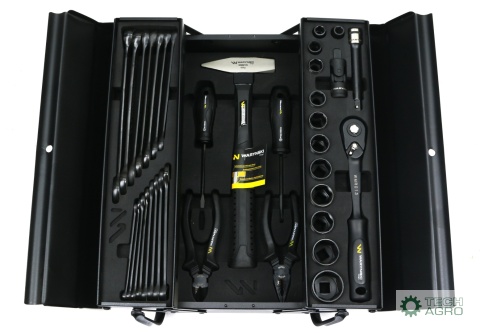 Zestaw narzędzi nasadek i kluczy w metalowej skrzynce Waryński