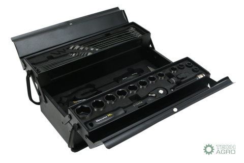 Zestaw narzędzi nasadek i kluczy w metalowej skrzynce Waryński