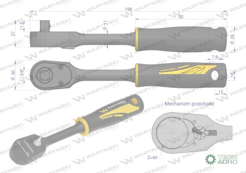 Grzechotka semihermetyczna 3/8". 90 T. Waryński