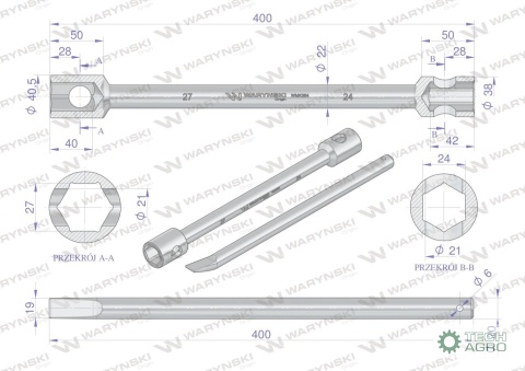 Klucz do kół , 395 mm długości rozmiar 24x27 mm z łyżką, do prac montażowych i demontażowych w mechanice , Waryński