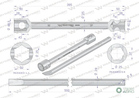 Klucz do kół , 395 mm długości rozmiar 27x32 mm z łyżką, do prac montażowych i demontażowych w mechanice , Waryński