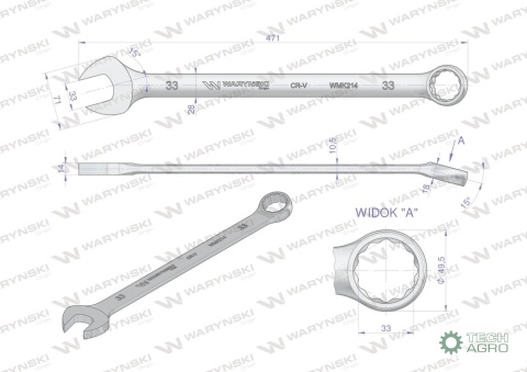 Klucz płaskooczkowy extra długi 33mm dł471mm standard ASME B107.9M Waryński
