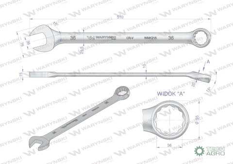 Klucz płaskooczkowy extra długi 36mm dł510mm standard ASME B107.9M Waryński