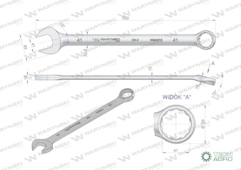 Klucz płaskooczkowy extra długi 41mm dł550mm standard ASME B107.9M Waryński