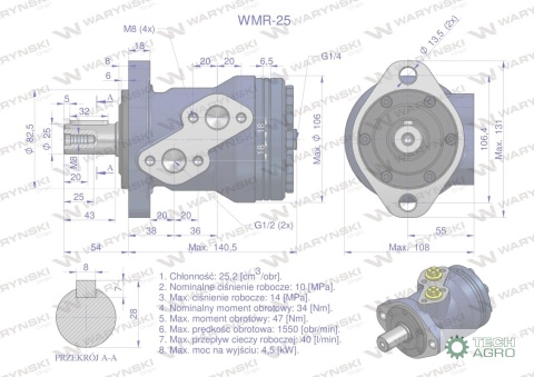 Silnik hydrauliczny orbitalny WMR 25 cm3/obr (100 bar / max.200 bar) Waryński