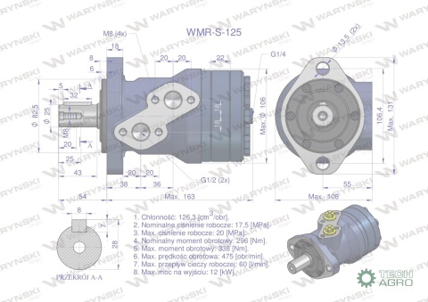 Silnik hydrauliczny orbitalny wzmacniany WMR-S 125 cm3/obr (175 bar / max.220 bar) Waryński