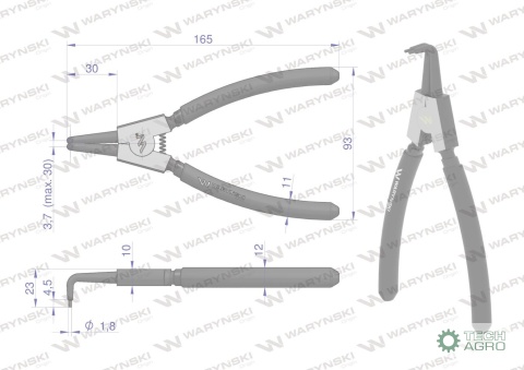 Szczypce do pierścieni osadczych 180 mmzewnętrzne wygięte Waryński