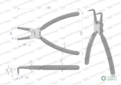 Szczypce do pierścieni osadczych 200 mmwewnętrzne wygięte Waryński