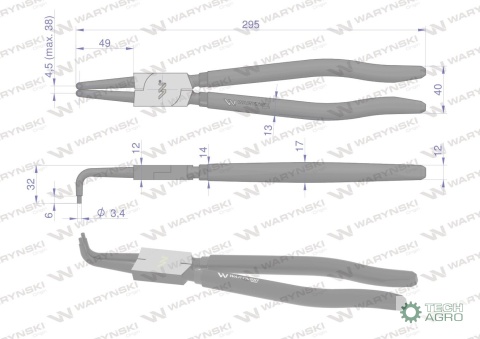 Szczypce do pierścieni osadczych 300 mmwewnętrzne wygięte Waryński