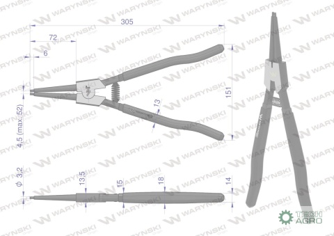 Szczypce do pierścieni osadczych 300 mmzewnętrzne proste Waryński