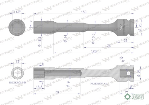 Nasadka udarowa 1/2", sześciokątna slimbardzo długa przelotowa ze stali CrMo 12mm długość 150 mm, stosowane w mechanice do klucz