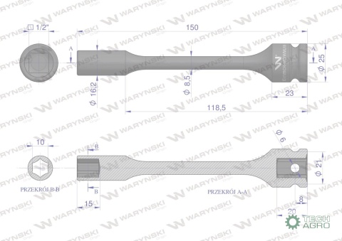 Nasadka udarowa 1/2", sześciokątna slimbardzo długa ze stali CrMo 10mm długość 150 mm, stosowane w mechanice do kluczy udarowych