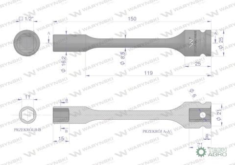Nasadka udarowa 1/2", sześciokątna slimbardzo długa ze stali CrMo 11mm długość 150 mm, stosowane w mechanice do kluczy udarowych