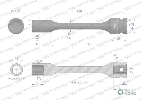 Nasadka udarowa 1/2", sześciokątna slimbardzo długa ze stali CrMo 13mm długość 150 mm, stosowane w mechanice do kluczy udarowych
