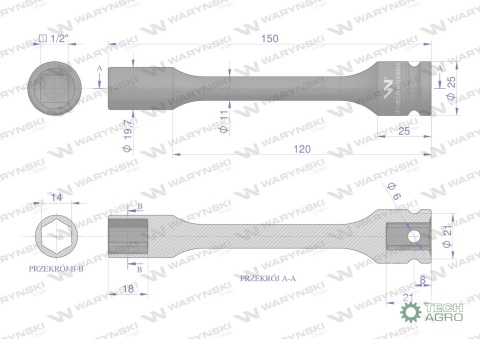 Nasadka udarowa 1/2", sześciokątna slimbardzo długa ze stali CrMo 14mm długość 150 mm, stosowane w mechanice do kluczy udarowych