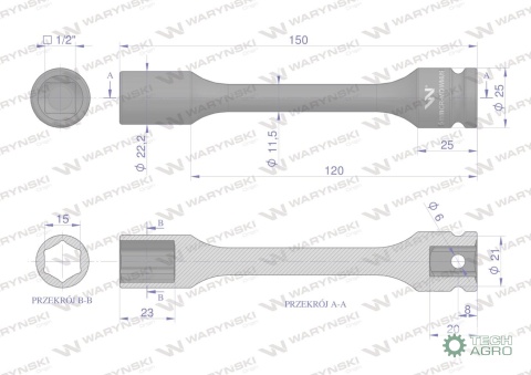 Nasadka udarowa 1/2", sześciokątna slimbardzo długa ze stali CrMo 15mm długość 150 mm, stosowane w mechanice do kluczy udarowych