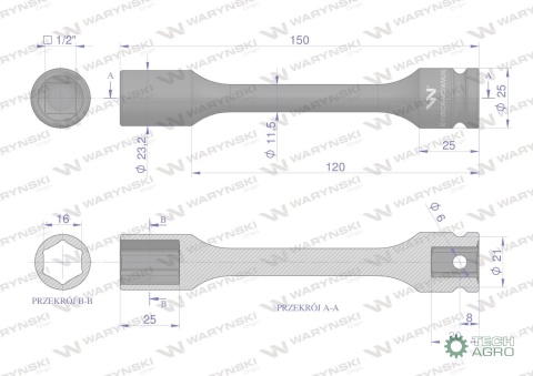 Nasadka udarowa 1/2", sześciokątna slimbardzo długa ze stali CrMo 16mm długość 150 mm, stosowane w mechanice do kluczy udarowych
