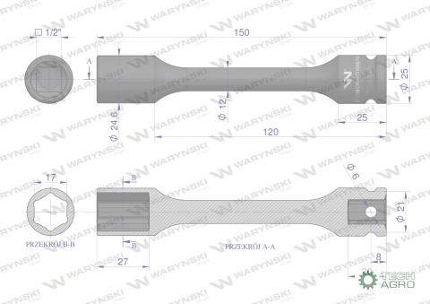 Nasadka udarowa 1/2", sześciokątna slimbardzo długa ze stali CrMo 17mm długość 150 mm, stosowane w mechanice do kluczy udarowych