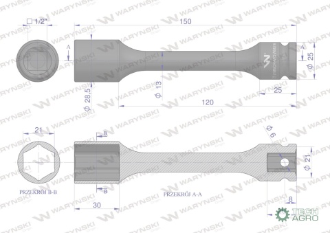 Nasadka udarowa 1/2", sześciokątna slimbardzo długa ze stali CrMo 21mm długość 150 mm, stosowane w mechanice do kluczy udarowych