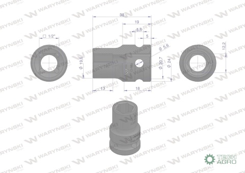 Nasadka udarowa sześciokątna 1/2". 12 mm. CrMo. DIN 3129. Waryński