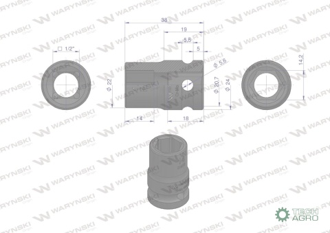Nasadka udarowa sześciokątna 1/2". 14 mm. CrMo. DIN 3129. Waryński