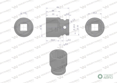 Nasadka udarowa sześciokątna 1/2". 25 mm. CrMo. DIN 3129. Waryński