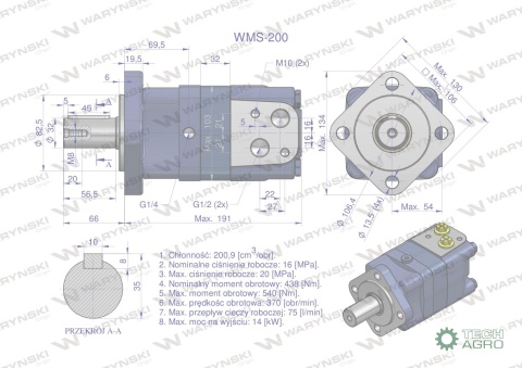 Silnik hydrauliczny orbitalny WMS 200 cm3/obr (160 bar / max.225 bar) Waryński