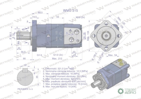 Silnik hydrauliczny orbitalny WMS 315 cm3/obr (125 bar / max.200 bar) Waryński