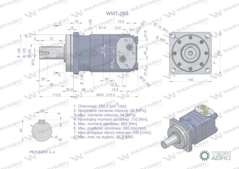 Silnik hydrauliczny orbitalny WMT 250 cm3/obr (200 bar / max.280 bar) Waryński