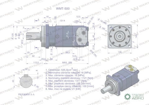 Silnik hydrauliczny orbitalny WMT 500 cm3/obr (160 bar / max.210 bar) Waryński