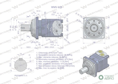 Silnik hydrauliczny orbitalny WMV 315 cm3/obr (200 bar / max.280 bar) Waryński