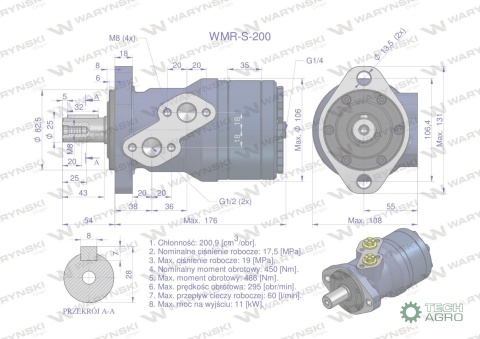 Silnik hydrauliczny orbitalny (stosowany do owijarek) wzmacniany WMR-S 200 cm3/obr (175 bar / max.200 bar) Waryński