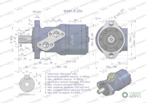 Silnik hydrauliczny orbitalny wzmacniany WMR-S 250 cm3/obr (140 bar / max.180 bar) Waryński